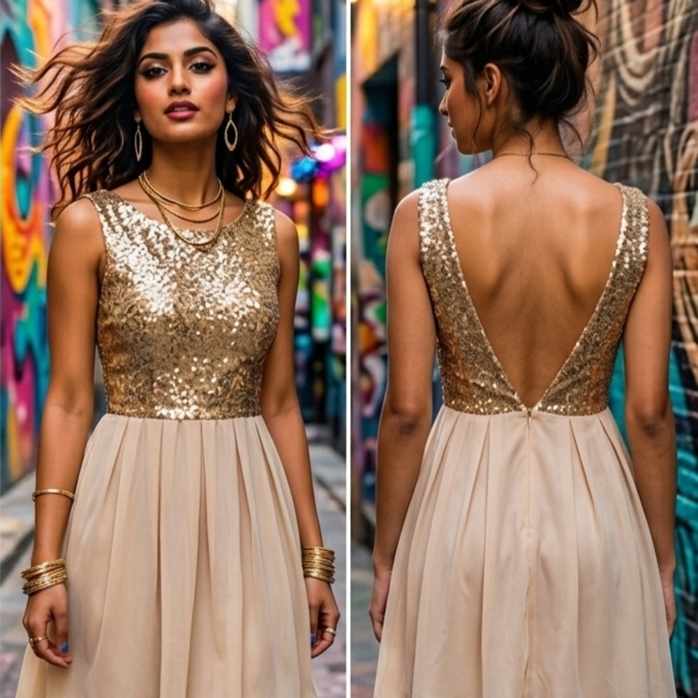 NWT Women's Arden B Gold Sequin Bodice Cream Chiffon Backless Gown Size Small